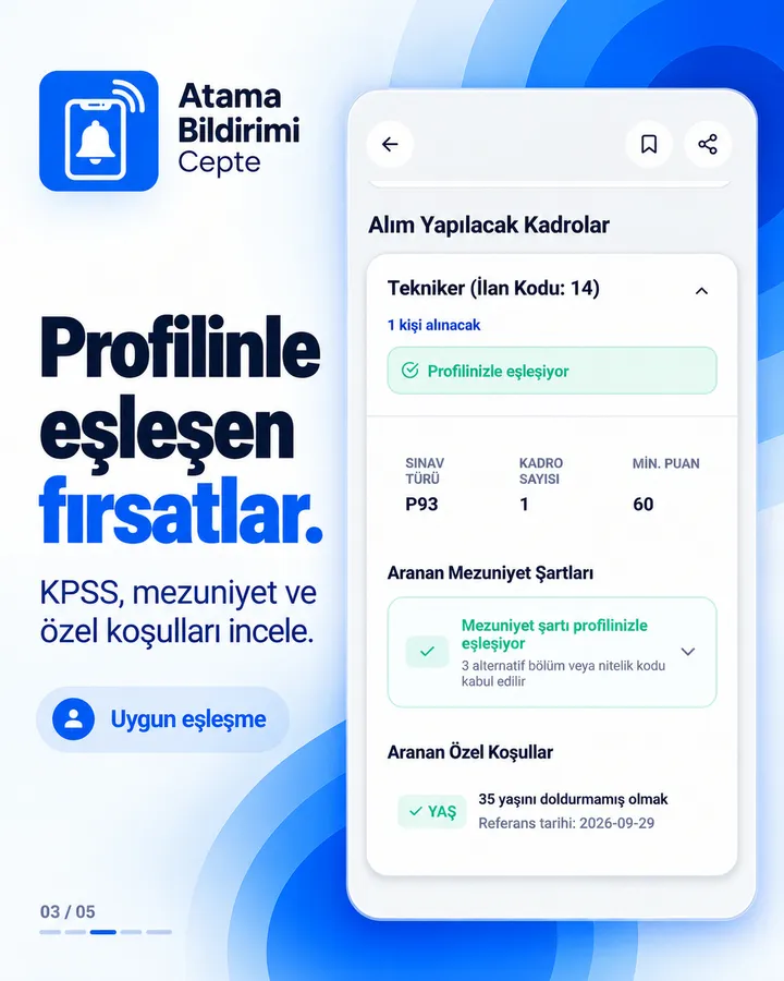 İlan ayrıntısı ekranı: “Profilinle eşleşen fırsatlar.” Sınav türü, kadro sayısı, en az puan ve mezuniyet şartı.